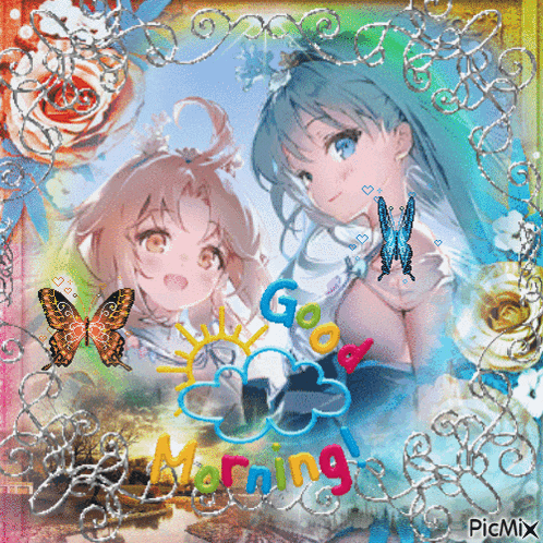 a picture of two anime girls with the words good morning written on it