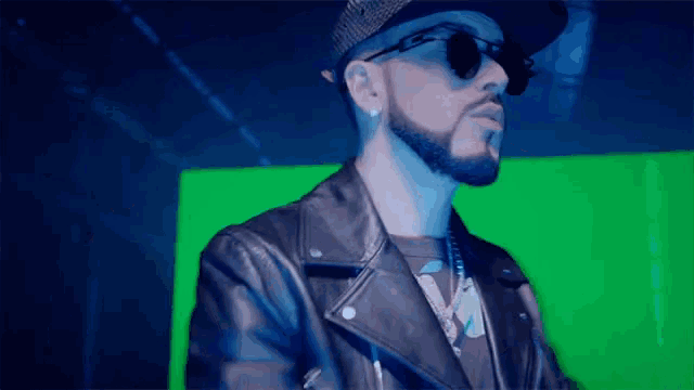 a man with a beard wearing sunglasses and a leather jacket stands in front of a green screen