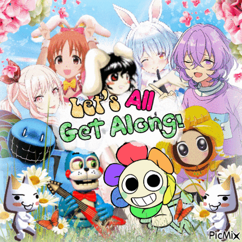 a collage of cartoon characters with the words let 's all get along on the bottom