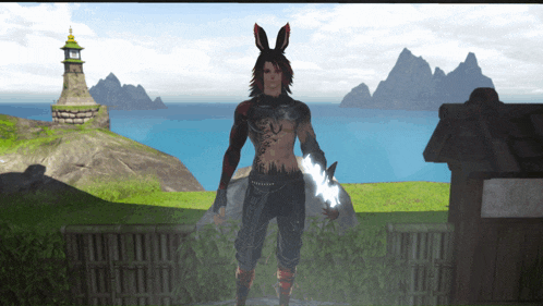 a man with bunny ears is holding a sword in front of a body of water