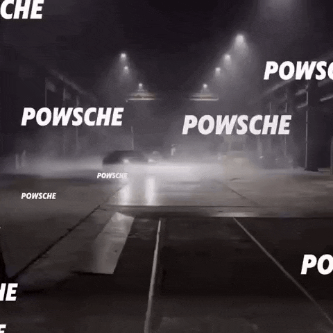 a black and white photo of a car with powsche written on the bottom right