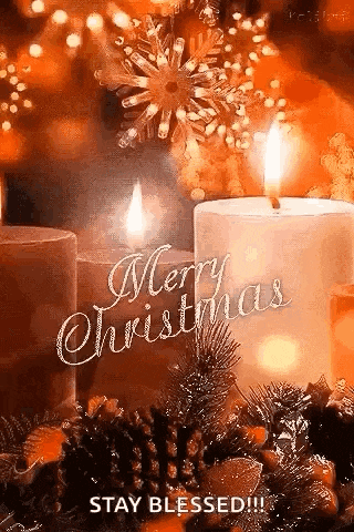 a merry christmas greeting card with two lit candles and pine cones