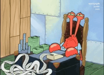 a cartoon of a crab sitting at a desk with a receipt on it