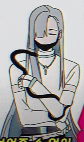 a drawing of a person with long hair and a snake around their neck