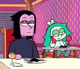 a couple of cartoon characters sitting at a table