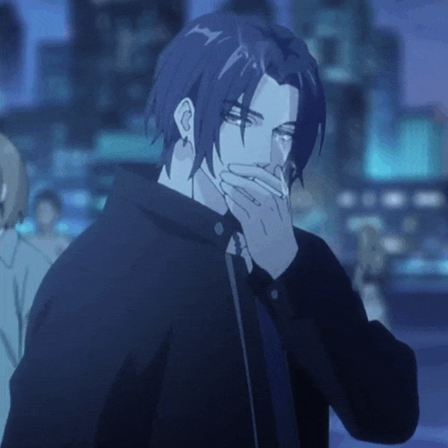 a man with blue hair and a ring on his finger is smoking a cigarette