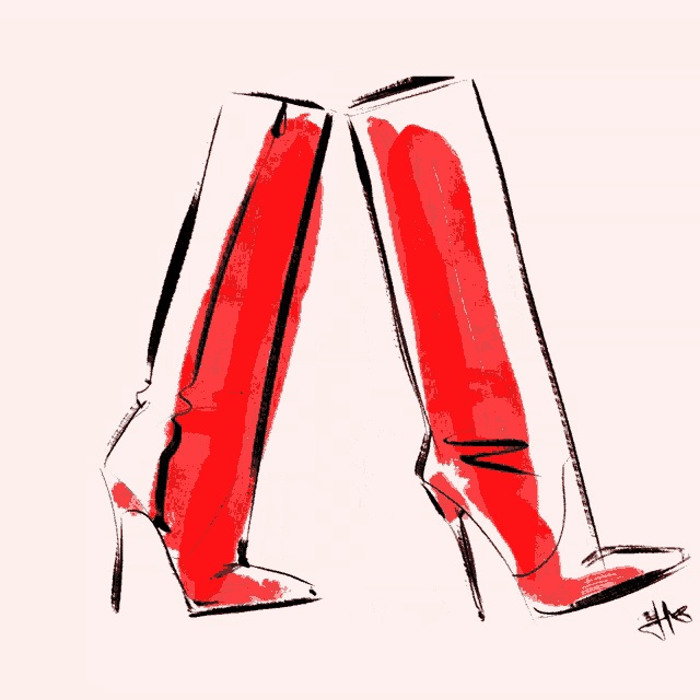 a drawing of a pair of red boots with the letters a and e on the bottom