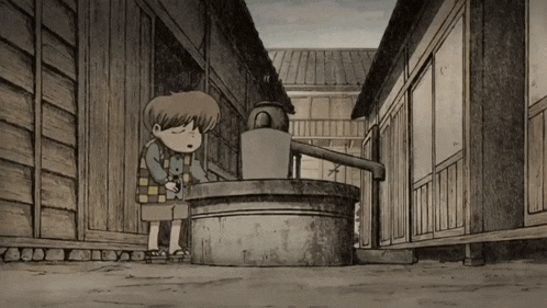 a black and white cartoon of a boy standing next to a well