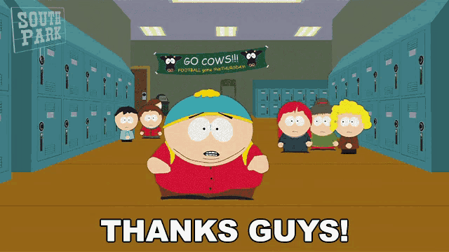 a cartoon of south park characters in a locker room with a sign that says go cows