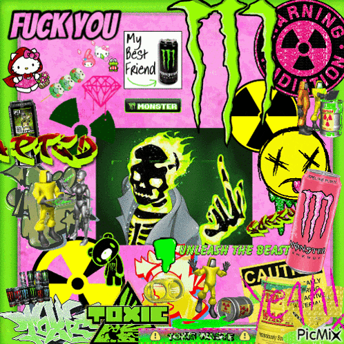 a collage of monster energy drinks with the words " fuck you "