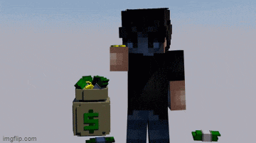 a minecraft character stands next to a bag of money with a dollar sign on it