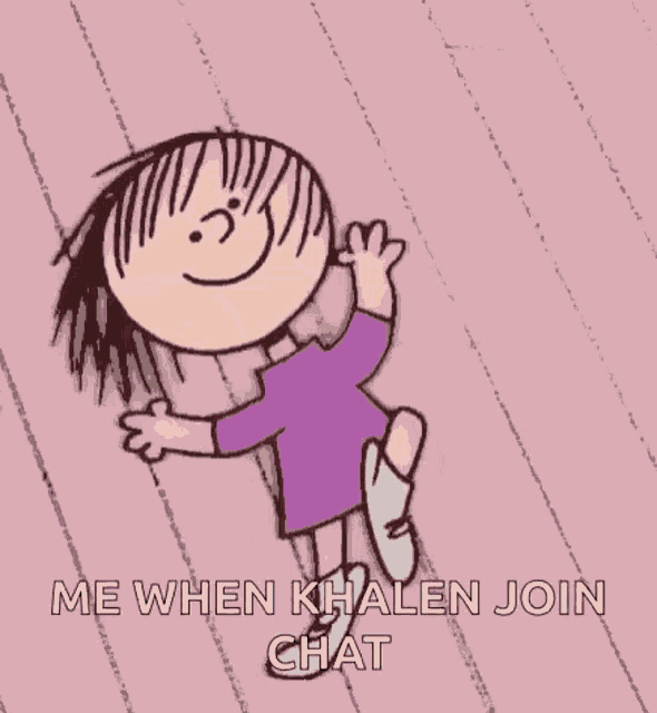 a cartoon girl in a purple dress is jumping in the air with the words `` me when khalen join chat '' .
