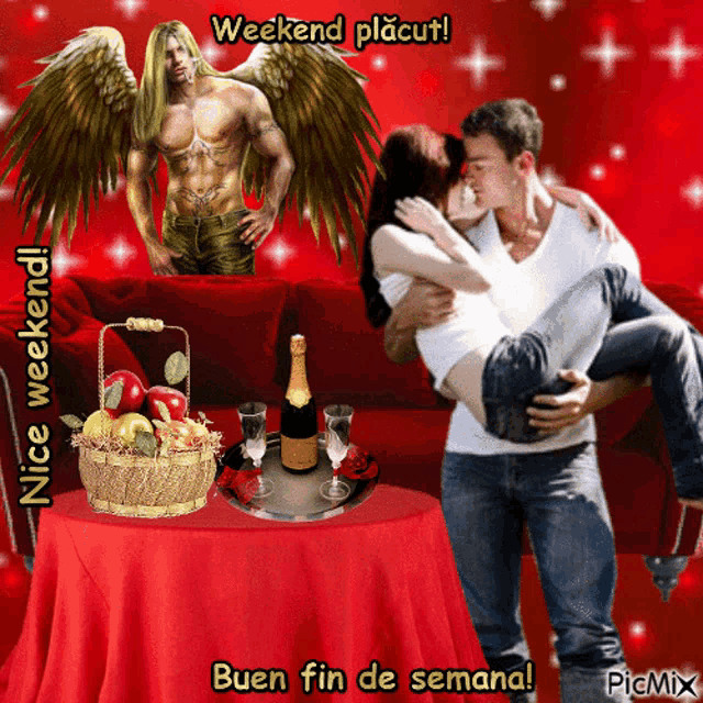 a picture of a man carrying a woman with the words weekend placut beneath them