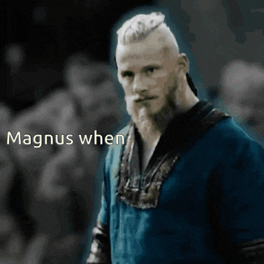 a man with a beard is standing in front of a crowd and the words magnus when are written above him
