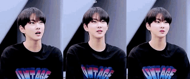 a young man wearing a black shirt with the word vintage on it is making different faces .