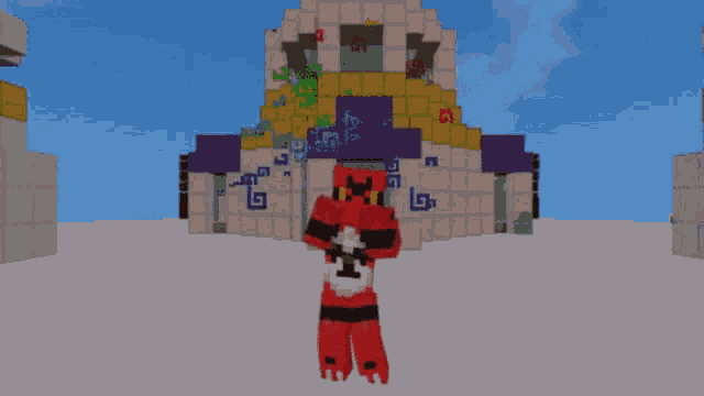 a minecraft screenshot of a building with a purple and gold dome
