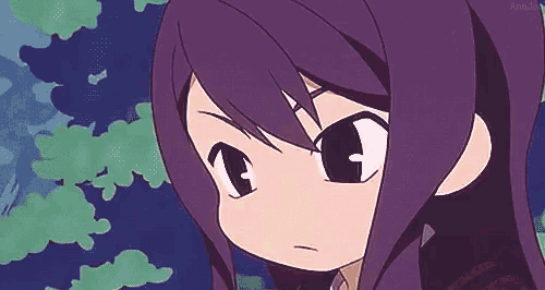 a close up of a cartoon girl with purple hair and a white eye