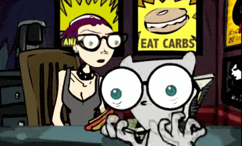 a cartoon of a woman and a cat with a sign that says eat carbs in the background