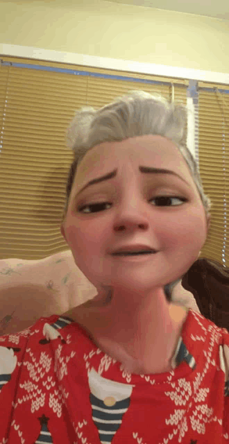 a woman in a red sweater looks like a cartoon character with grey hair