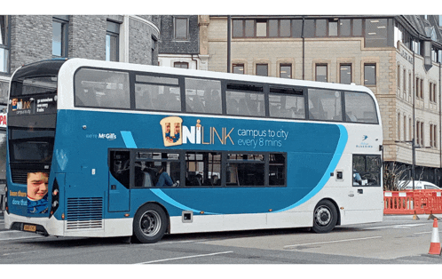 a blue and white double decker bus advertises unilink campus to city every 8 mins