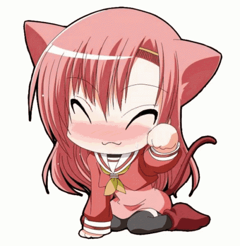 a girl with red hair and cat ears is kneeling down and smiling
