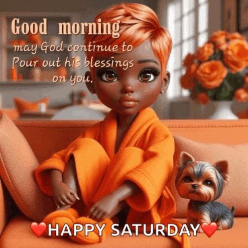 a doll is sitting on a couch with a dog and says good morning may god continue to pour out his blessings on you