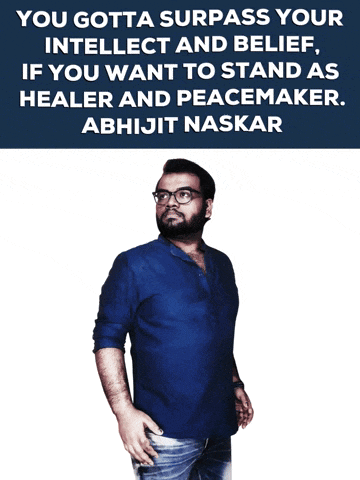 a man in a blue shirt stands in front of a poster that says you gotta surpass your intellect and belief