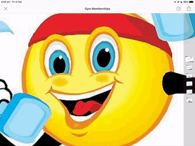 a smiley face is wearing a red headband and holding dumbbells