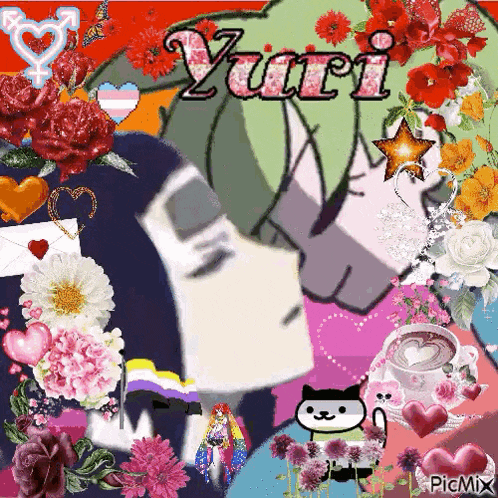 a collage of flowers and hearts with the name yuri on top