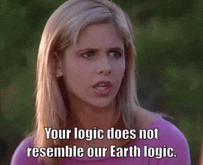 a woman in a purple shirt says your logic does not resemble our earth logic