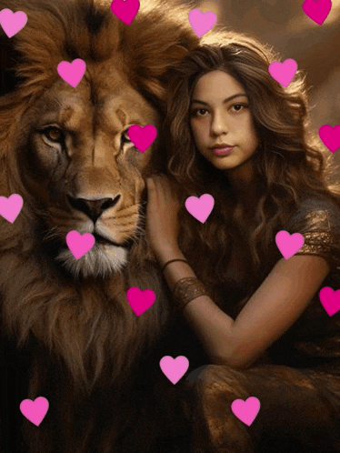 a woman sitting next to a lion with pink hearts surrounding them