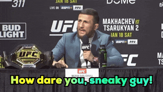 a man sitting at a table with a microphone in front of a ufc sign