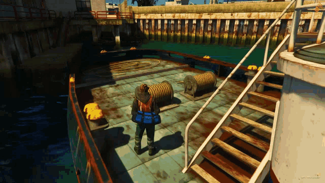 a screenshot of a video game shows a person on a boat