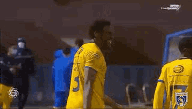 a group of soccer players are standing on a field .