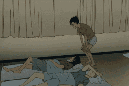 a cartoon of a man opening a window while two men sleep on a bed