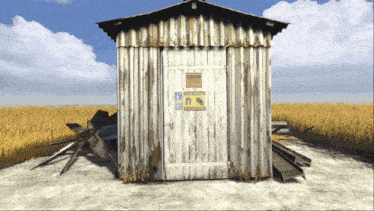 a shed with a sign on the door that says ' warning ' on it