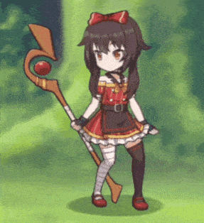 a girl in a red dress is holding a magic wand in a video game .