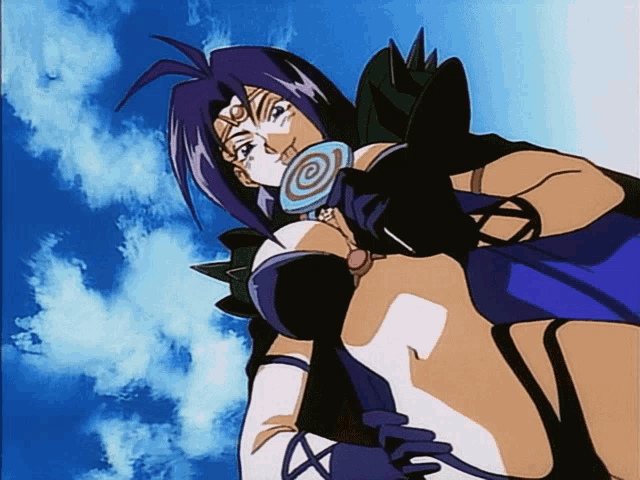 a woman in a blue dress holds a lollipop in her mouth