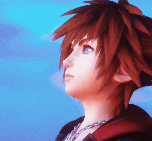 a close up of sora from kingdom hearts looking up into the sky