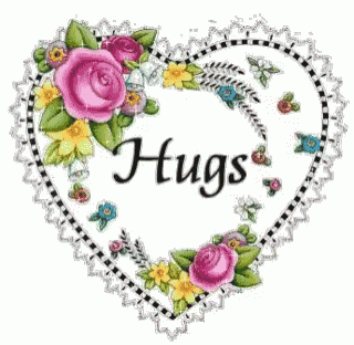 a heart with the word hugs surrounded by flowers and lace