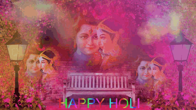 a happy holi greeting card with a bench and flowers