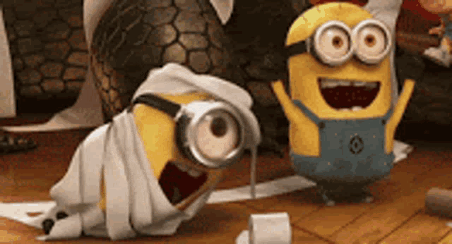 two minions are wrapped in toilet paper on the floor .