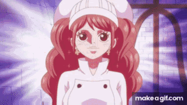 a girl with red hair is wearing a chef 's hat and a white jacket .