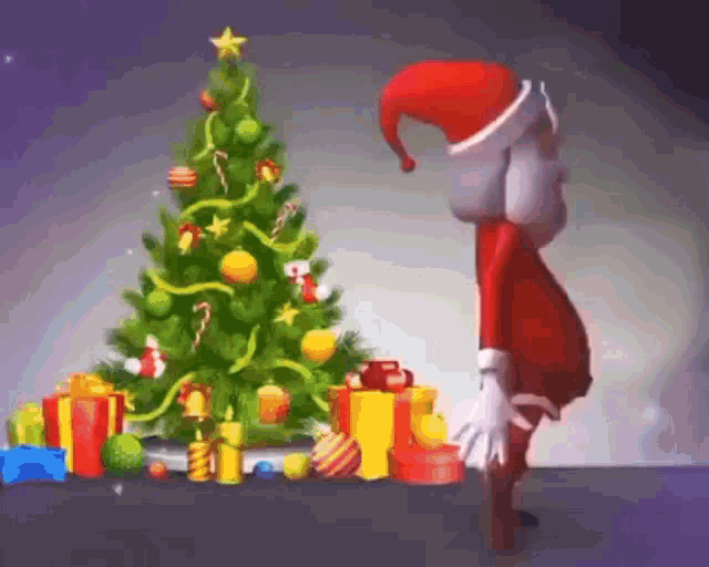 a cartoon of santa claus standing next to a christmas tree