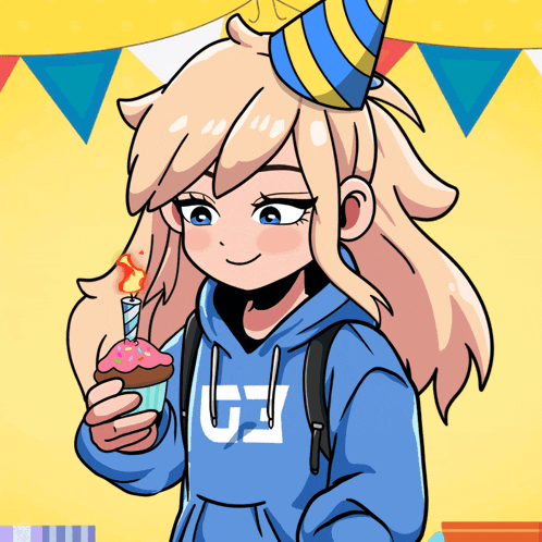 a girl wearing a blue hoodie with the letter g on it is holding a cupcake