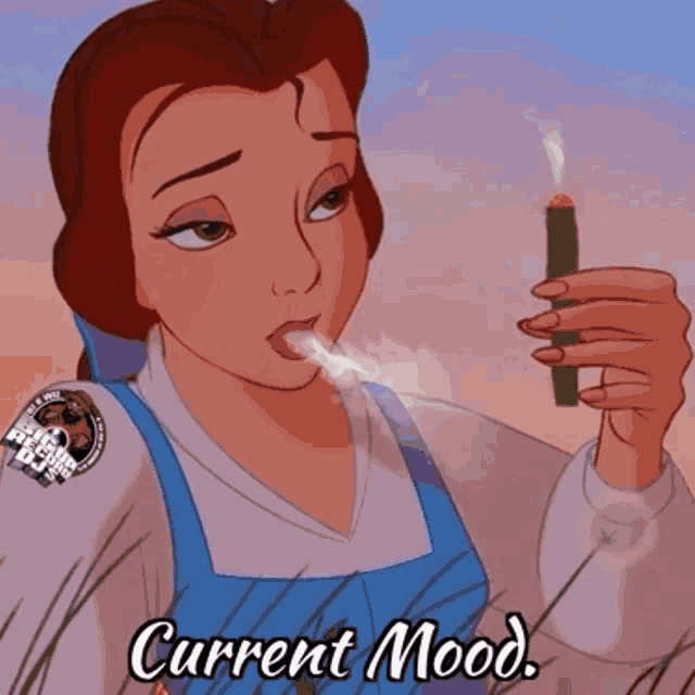 a cartoon of a woman smoking a cigar with the words current mood below her