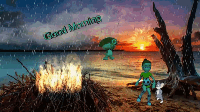 a cartoon scene with the words good morning written on it