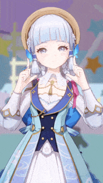 a girl with white hair is wearing a blue dress and a hat