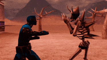 a video game character is fighting a skeleton
