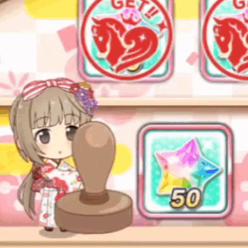 a girl in a kimono is holding a stamp in front of a shelf with stickers that say get and 50